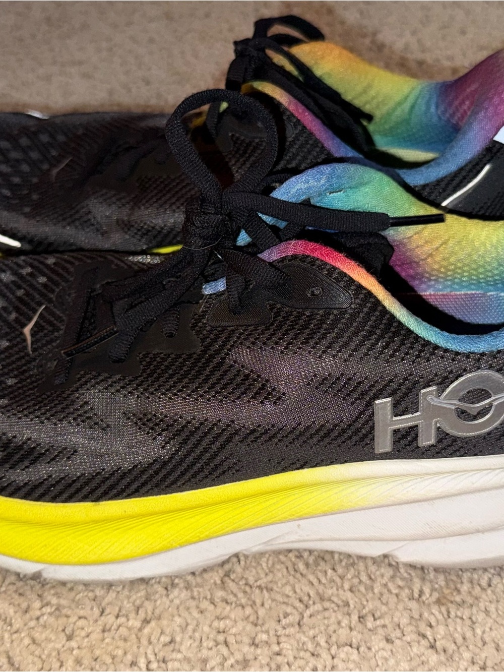 Hoka Women’s Black Sneakers with Rainbow Lining and Yellow Midsole